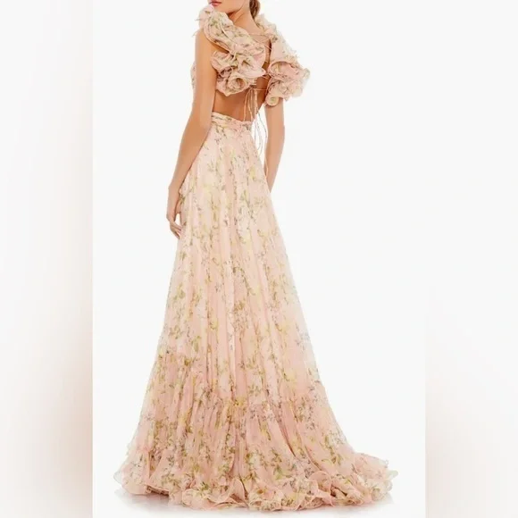 Mac Duggal 67803 Floral Chiffon Cutout Ruffle Shoulder Ball Gown Maxi Dress sz 8 - Picture 6 of 15